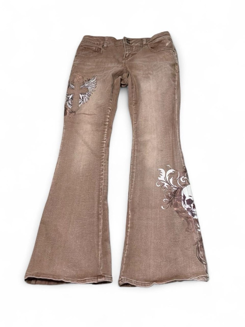 Hot Topic Brown Flared Jeans with Winged Cross and Skull Print